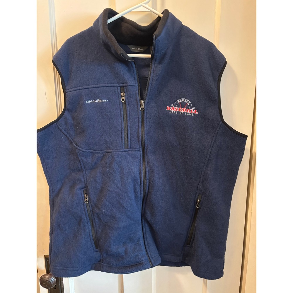 Eddie Bauer Mens Navy Blue Fleece Vest Baseball Hall of Fame Member Logo 2XL